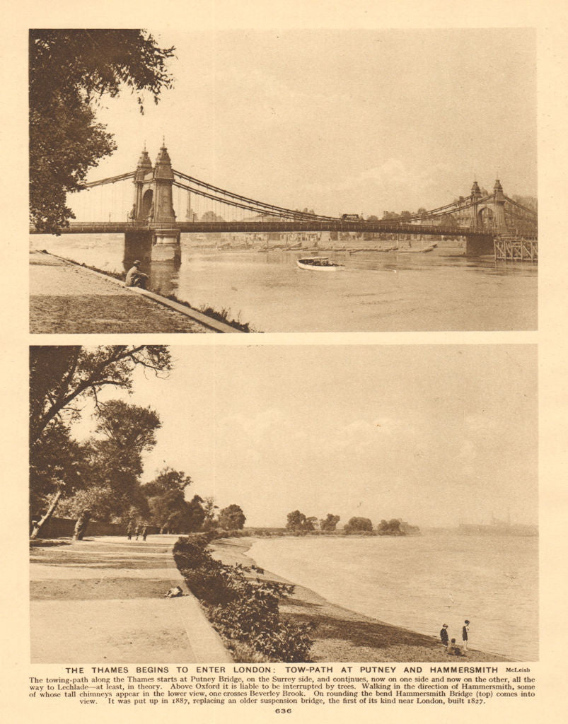 The Thames tow-path at Putney Bridge & Hammersmith 1926 old vintage print
